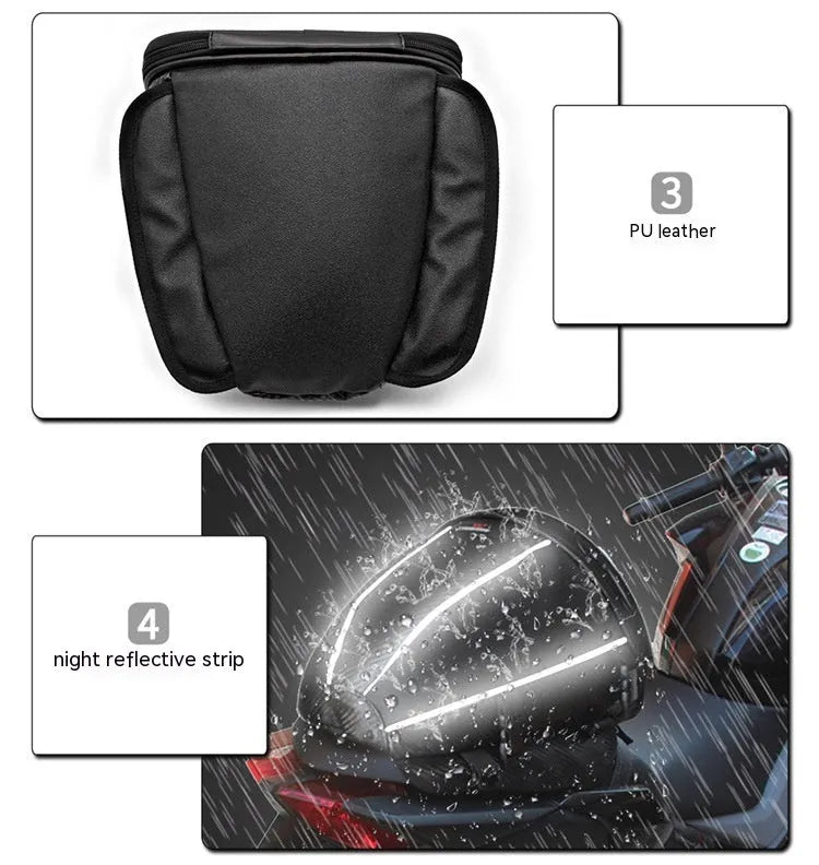 Black waterproof motorcycle crossbody bag with reflective strips and multiple pockets