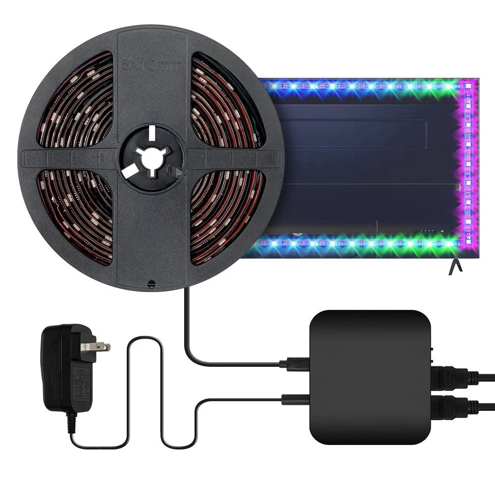 Smart waterproof LED light strip installed behind a flat-screen television for backlight ambience.