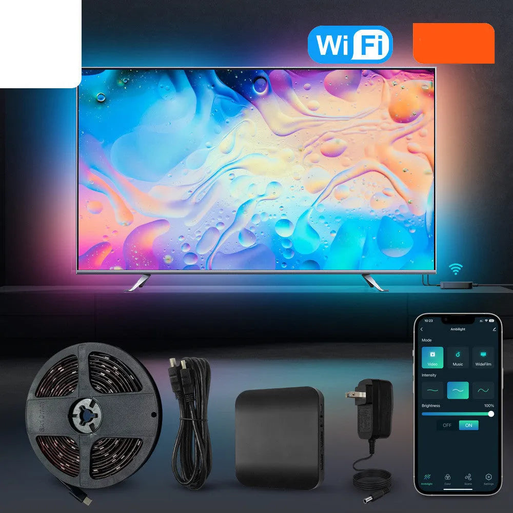 Smart waterproof LED light strip installed behind a flat-screen television for backlight ambience.