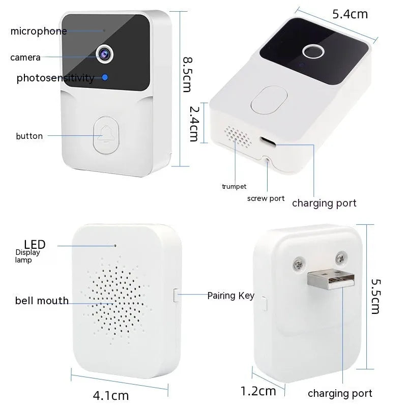 Wireless video doorbell in black or white, 85 x 54 x 24mm, with 850N night vision lamp and separate dingdong machine