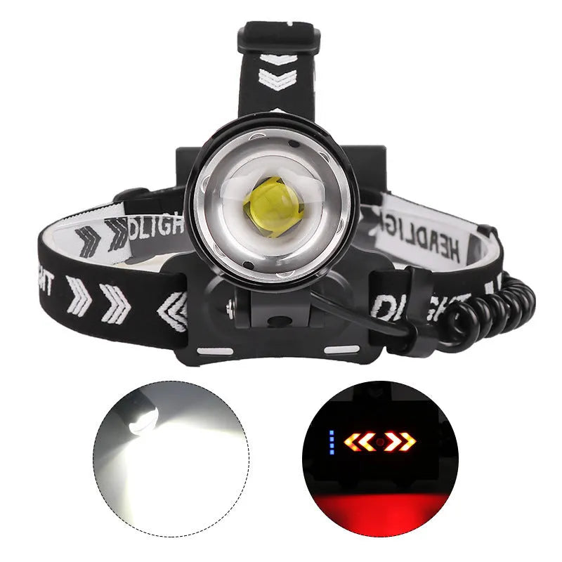 Black USB rechargeable zoom headlight with telescopic lens and aluminium alloy body