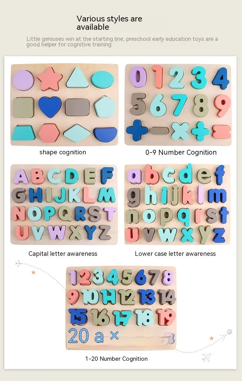 Children's wooden jigsaw puzzle macaron shape recognition board with grab pieces on a table