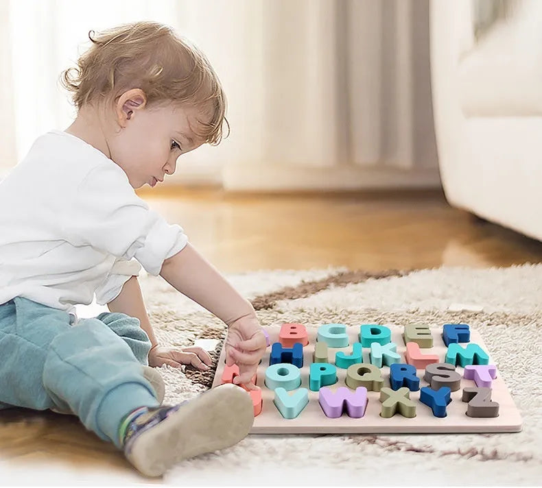 Children's wooden jigsaw puzzle macaron shape recognition board with grab pieces on a table