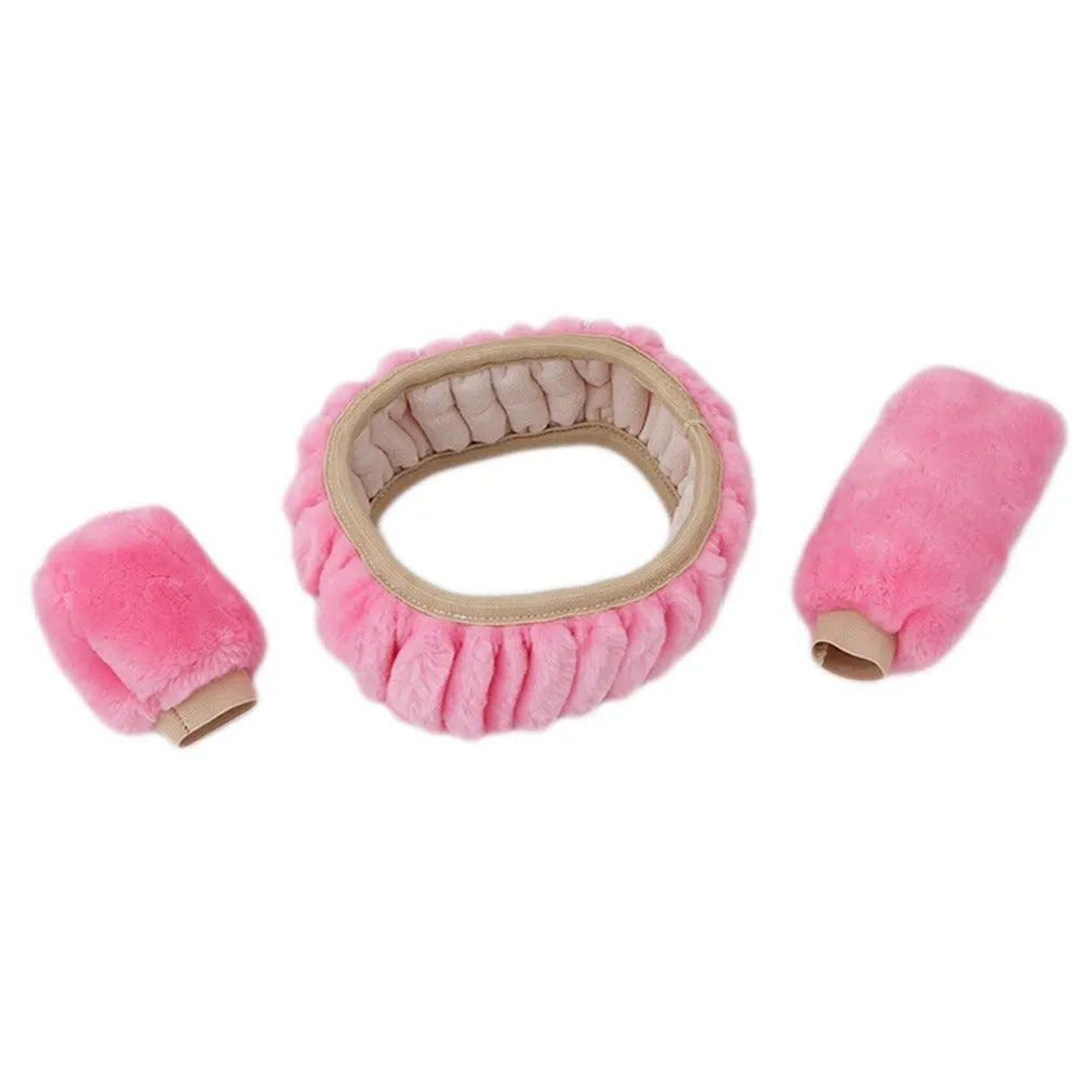 Plush car steering wheel cover set with matching handle sleeves and gear shift knob cover in beige colour