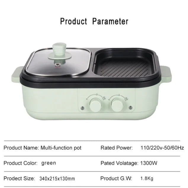 Green electric all-in-one roaster pan with alloy lining and temperature knob, 1-2 person size