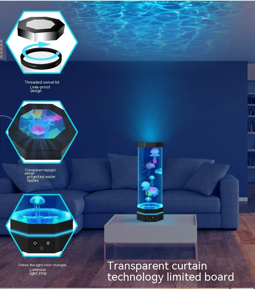 Jellyfish lava lamp 15 inch with 17 colour remote control and USB plug-in, shown in black or silver.