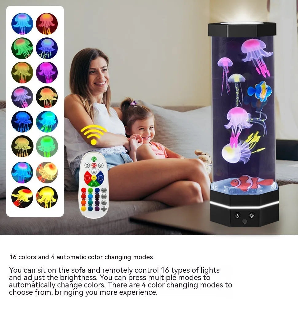 Jellyfish lava lamp 15 inch with 17 colour remote control and USB plug-in, shown in black or silver.