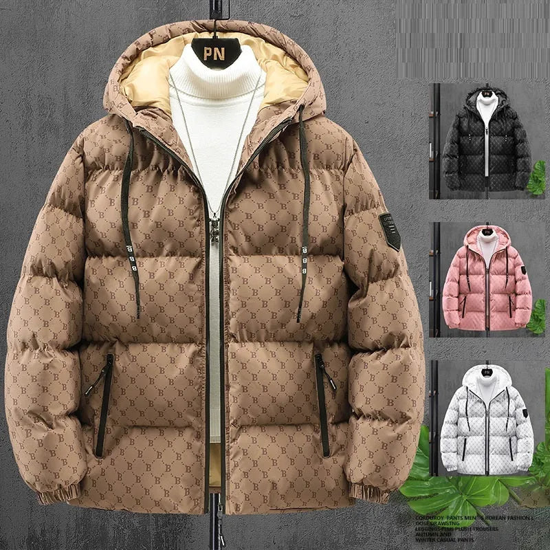 Men's hooded padded cotton coat, thickened polyester, sizes M to 5XL, colours white black coffee pink