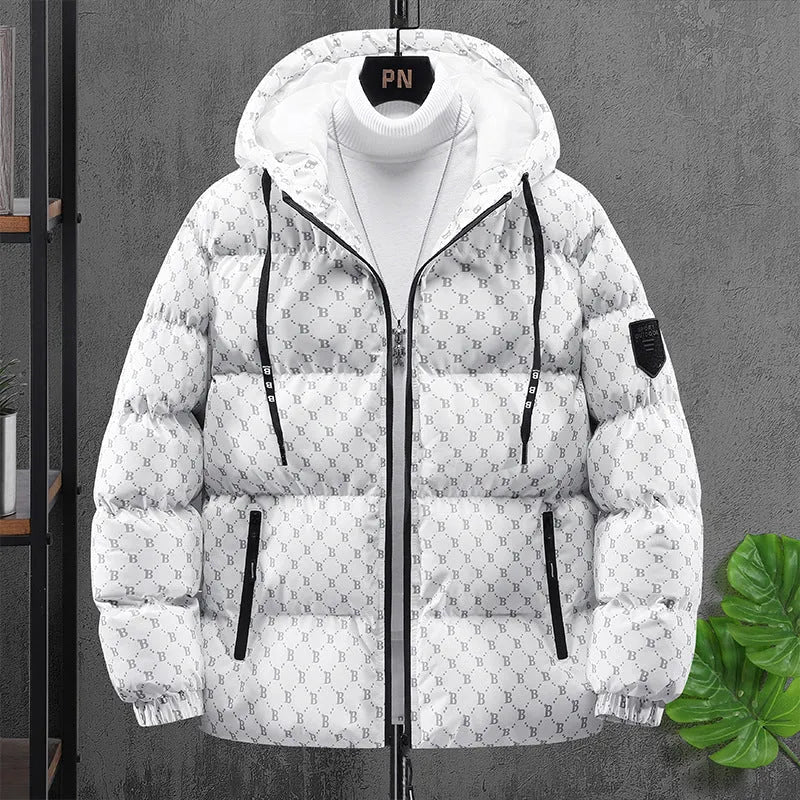 Men's hooded padded cotton coat, thickened polyester, sizes M to 5XL, colours white black coffee pink