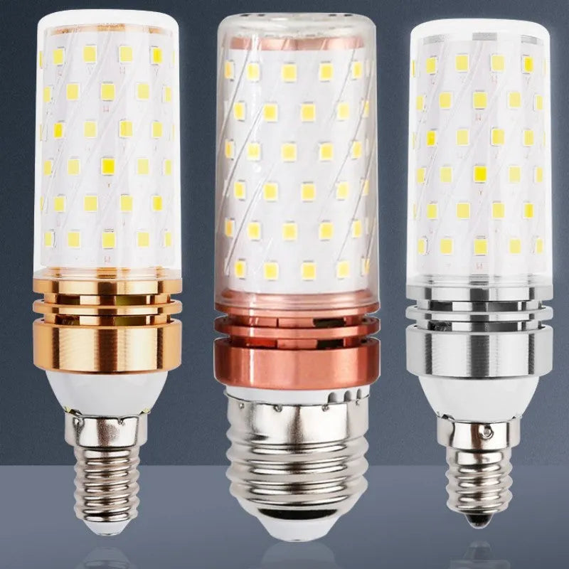 E14 screw base LED corn light bulb showing 60 yellow LED beads and three colour temperature settings.