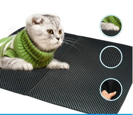 Waterproof EVA cat litter mat with double-layer honeycomb surface, available in black or grey and four sizes.