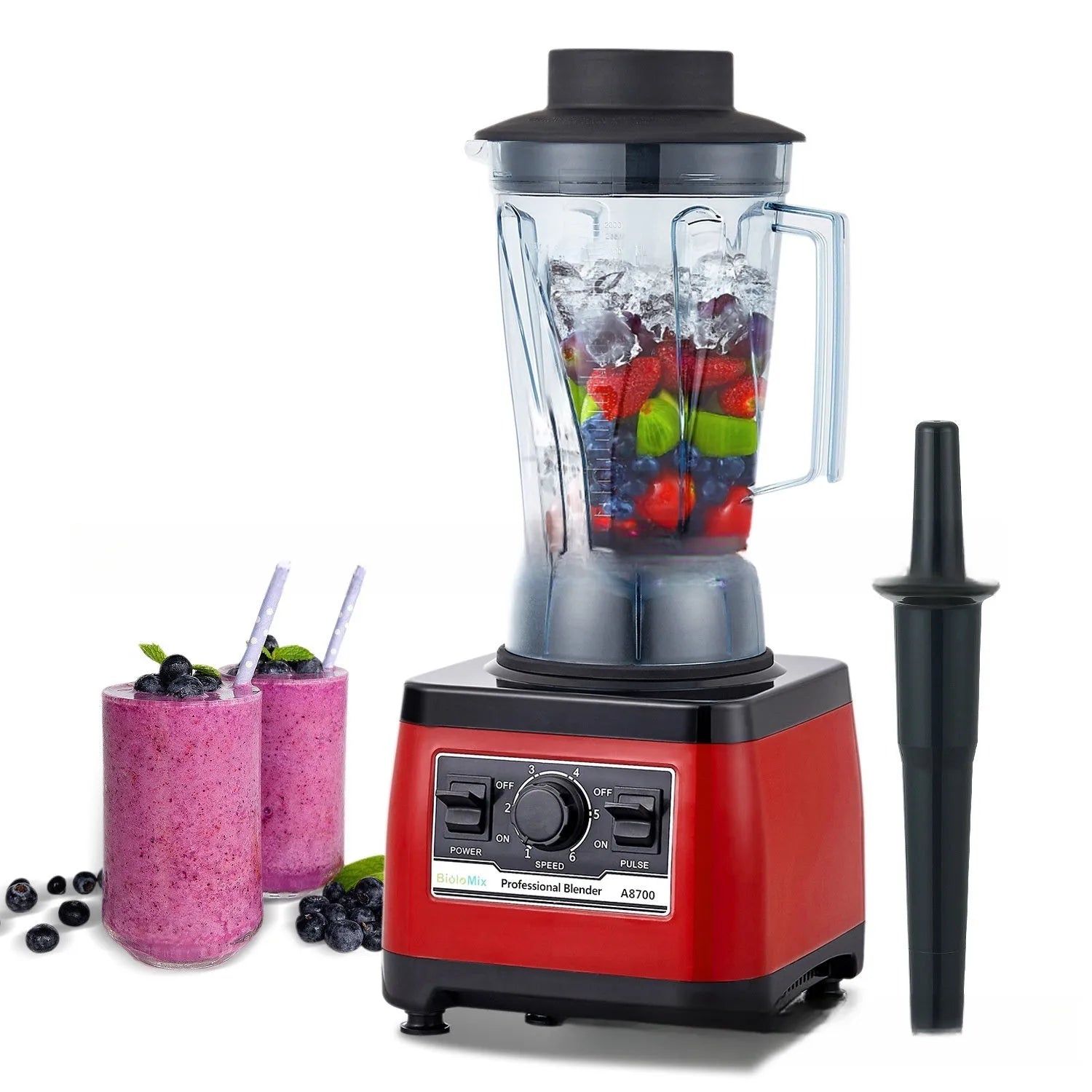 Red commercial blender with stainless steel jug and 2200W motor power for professional kitchen use