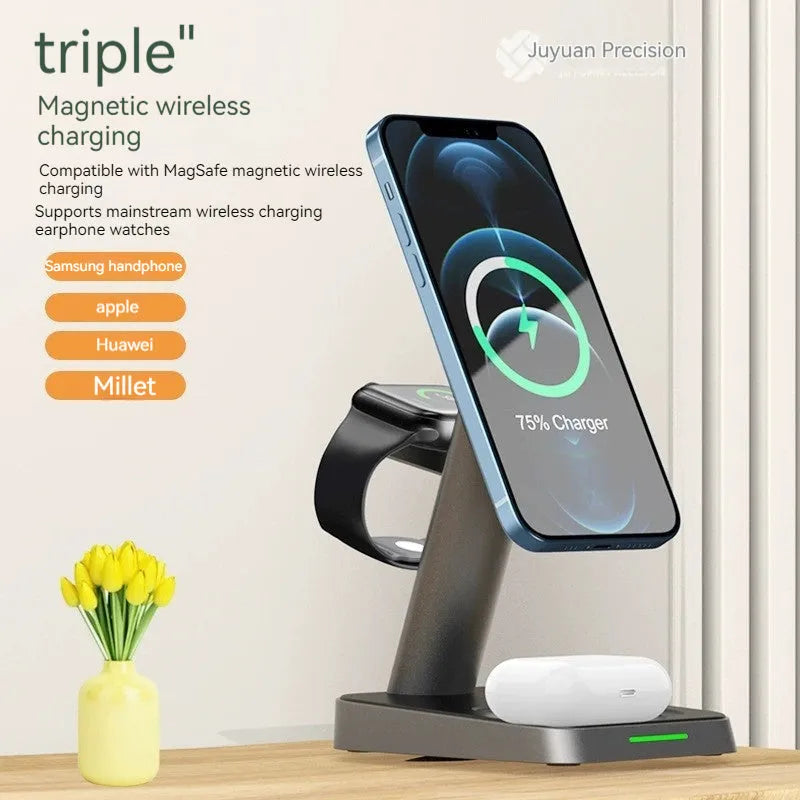 Black cube wireless charging station with vertical phone stand and smartwatch charging pad