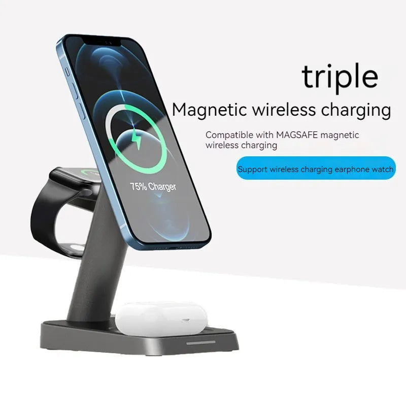 Black cube wireless charging station with vertical phone stand and smartwatch charging pad