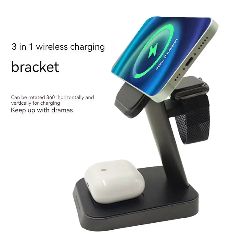Black cube wireless charging station with vertical phone stand and smartwatch charging pad