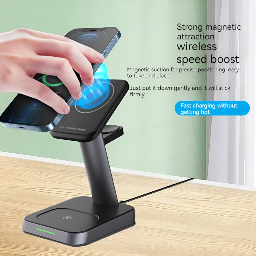 Black cube wireless charging station with vertical phone stand and smartwatch charging pad