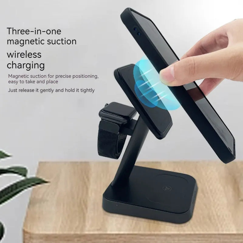 Black cube wireless charging station with vertical phone stand and smartwatch charging pad