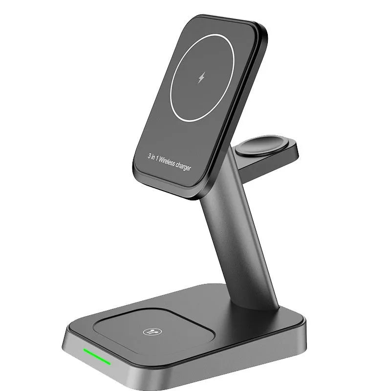 Black cube wireless charging station with vertical phone stand and smartwatch charging pad