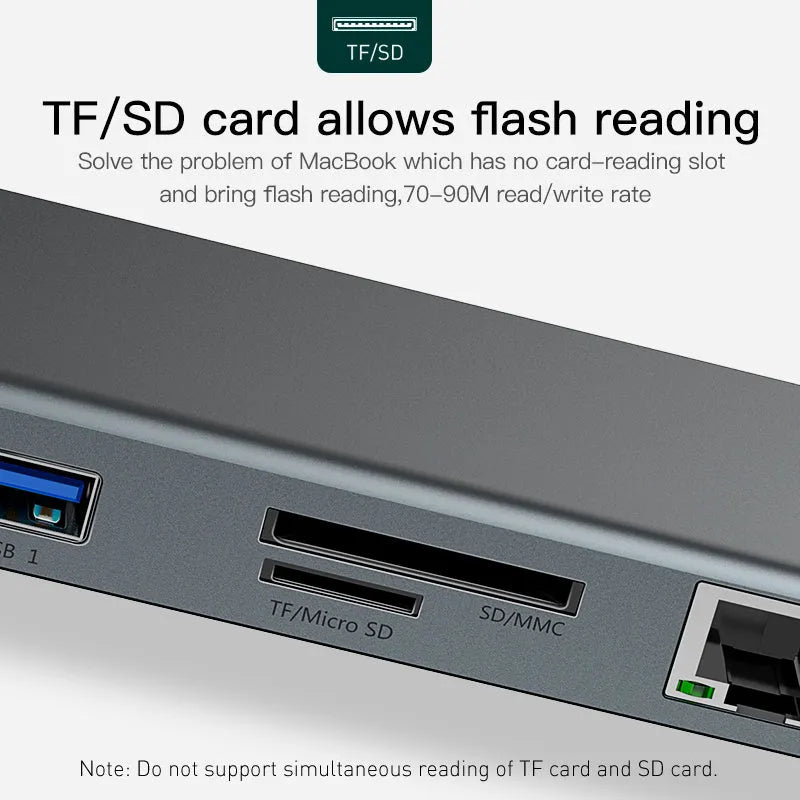 Grey aluminium USB C hub docking station with cooling bracket showing ten ports including HDMI and Ethernet