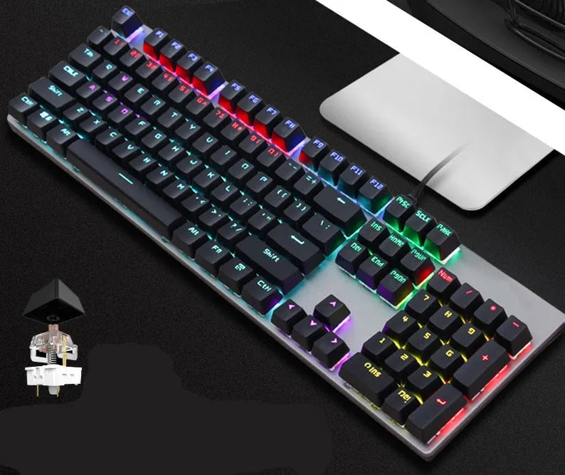AOC GK410 metal mechanical keyboard with 104 keys and USB cable on a desktop.