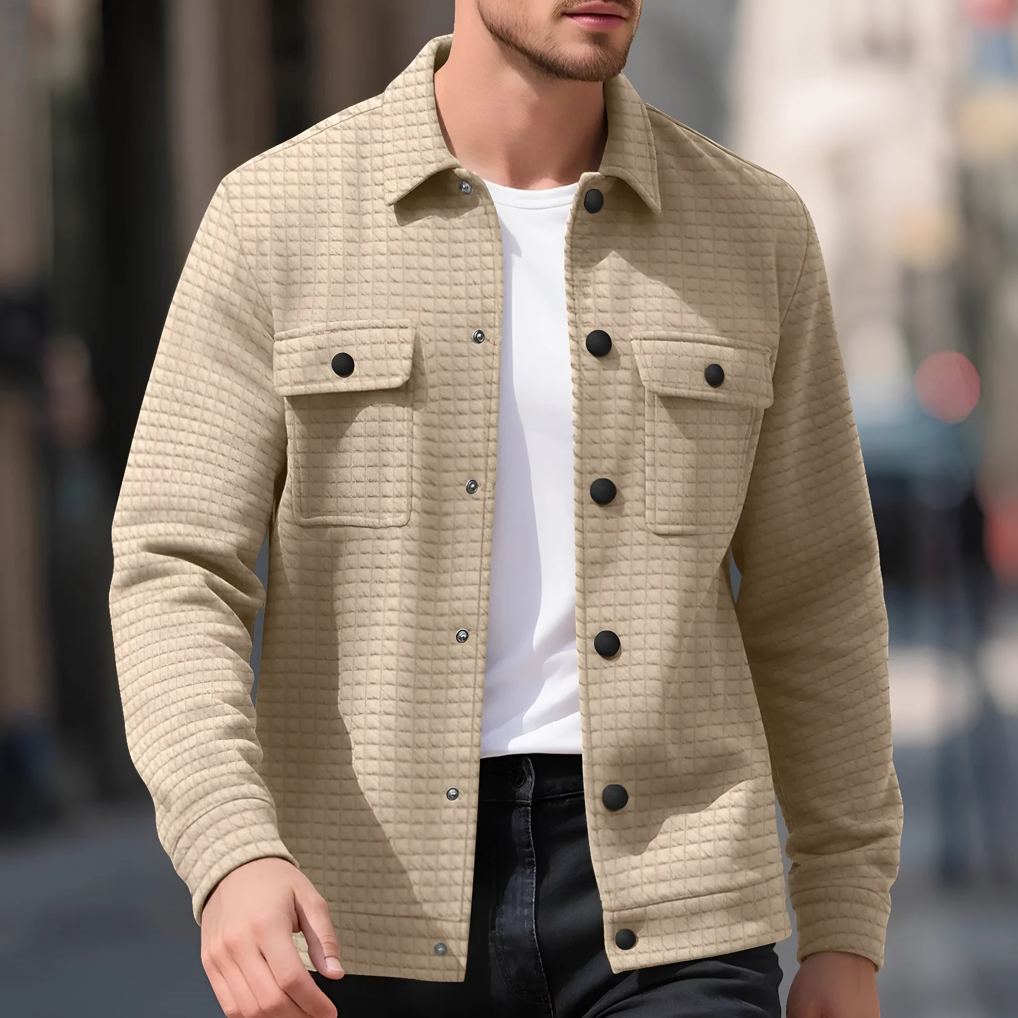 Men's casual jacquard checkered loose knit work shirt in polyester, long sleeves, cardigan style, available in multiple colours