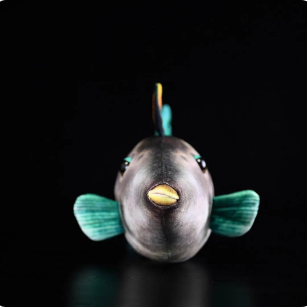 Simulation green fin pufferfish plush toy 42cm flannel stuffed animal on white background