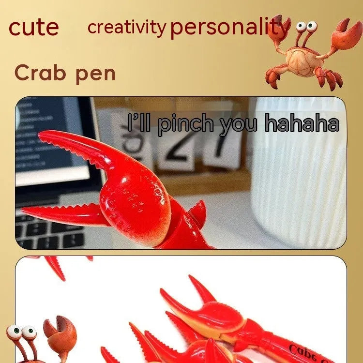 Crab-themed ballpoint pen with pressable can clip fidget mechanism