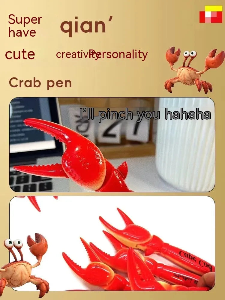 Crab-themed ballpoint pen with pressable can clip fidget mechanism