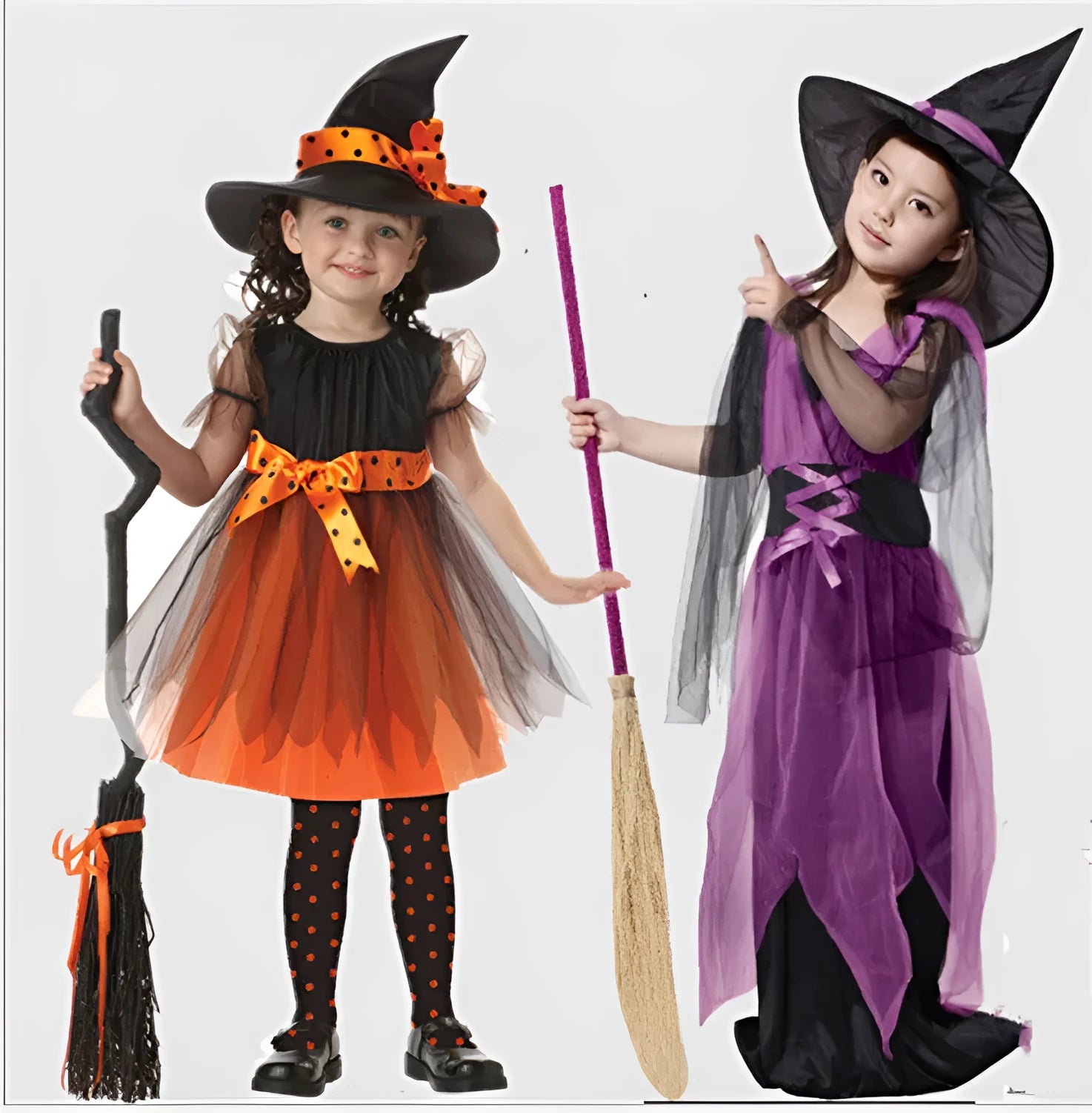 Children's witch costume in linen fabric available in multiple colours and sizes from 90cm to 160cm height