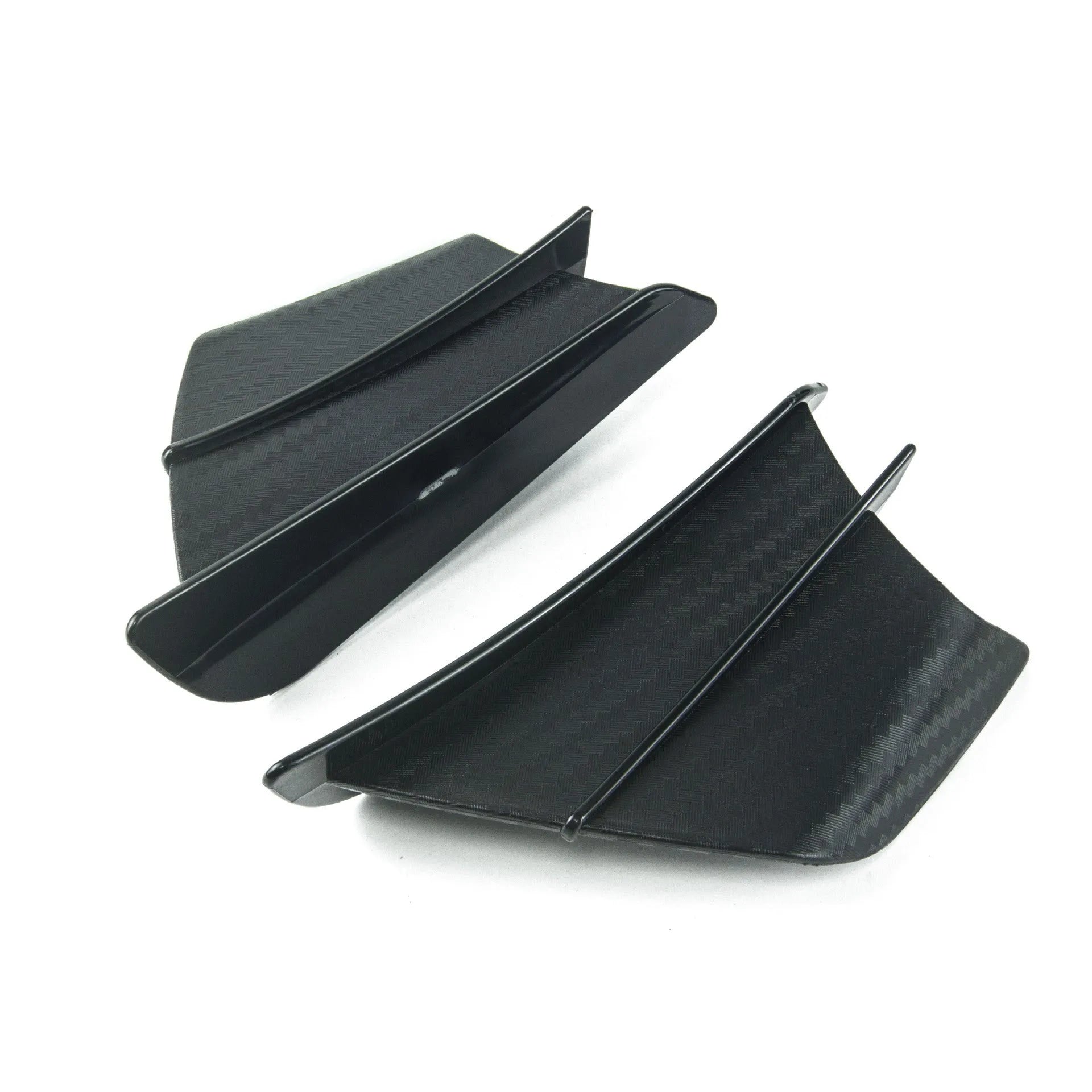 Set of two universal motorcycle spoiler wings for air diversion, showing four available finish options.