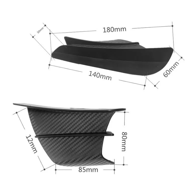 Set of two universal motorcycle spoiler wings for air diversion, showing four available finish options.