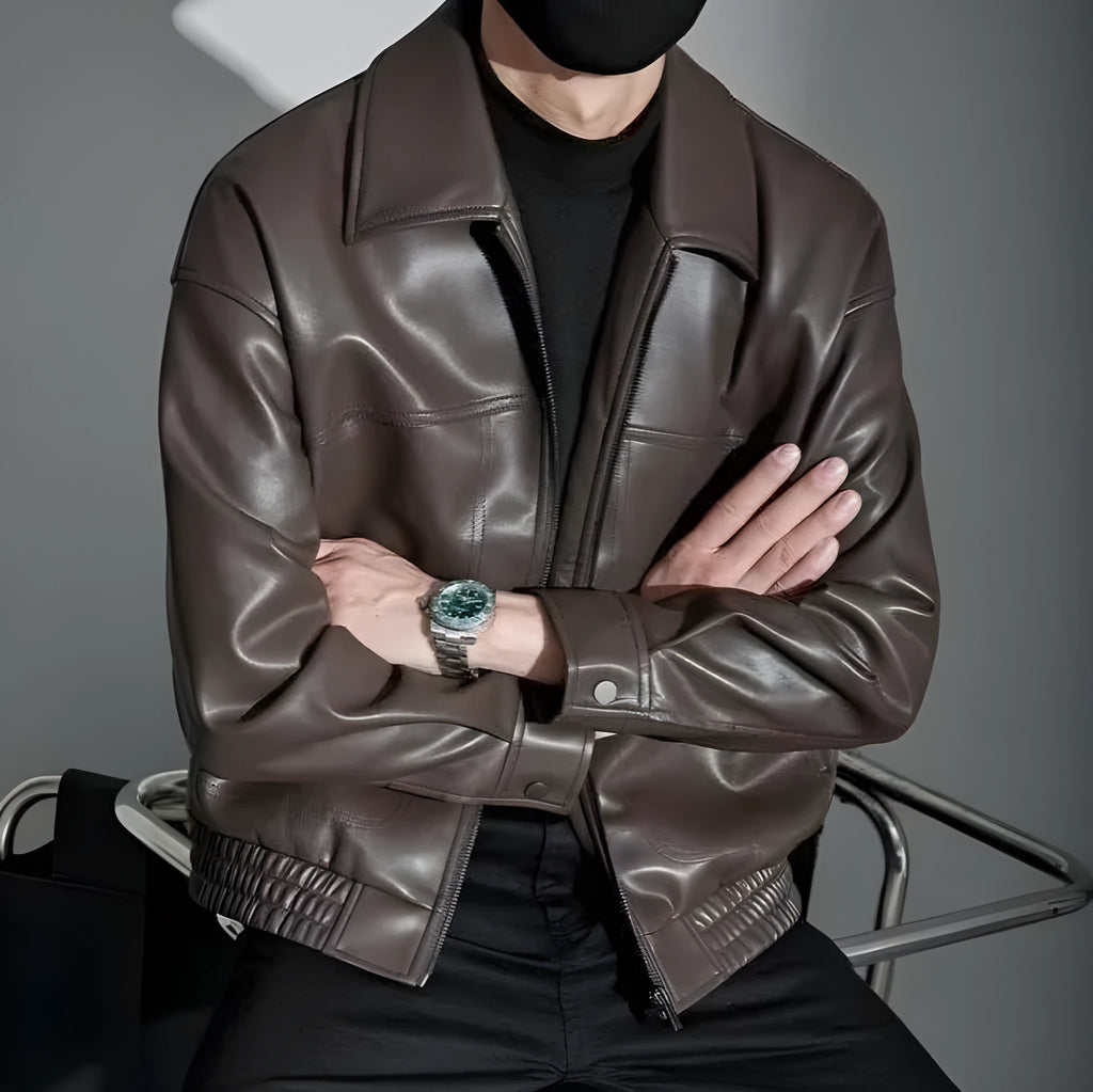 Men's lapel motorcycle jacket cotton blend slim fit black long sleeves size M to 3XL