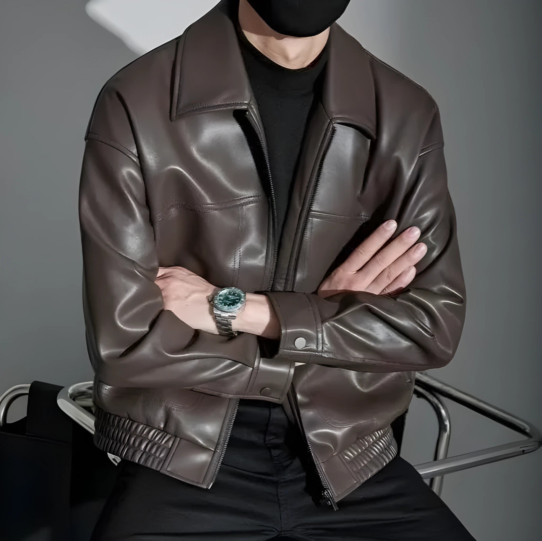 Men's lapel motorcycle jacket cotton blend slim fit black long sleeves size M to 3XL