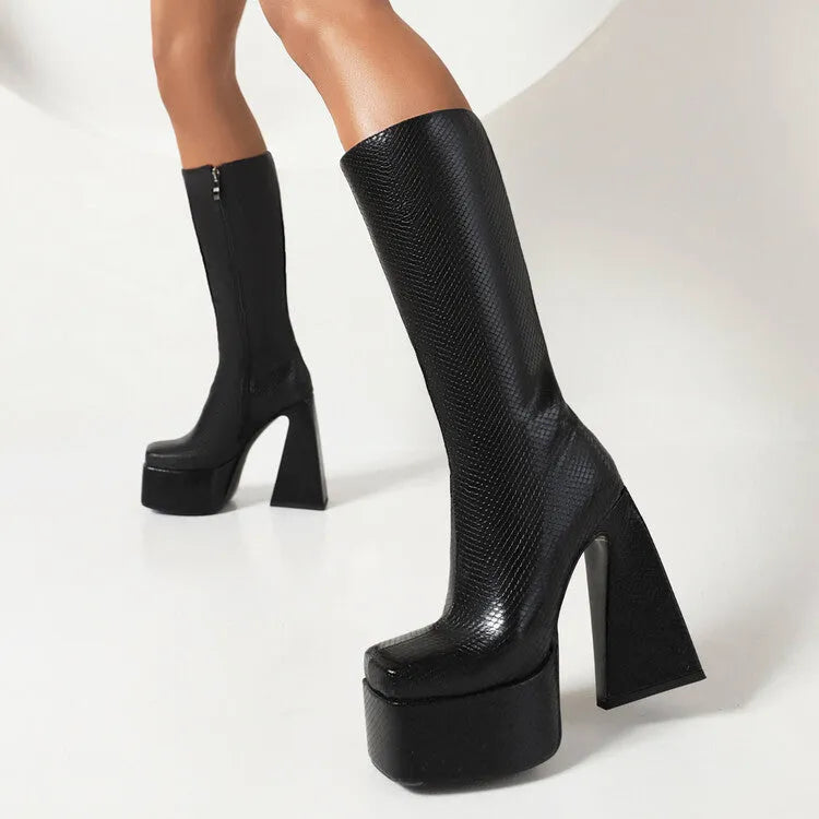 Women's high boots in black, red, blue, and white colours showing artificial PU material and casual style