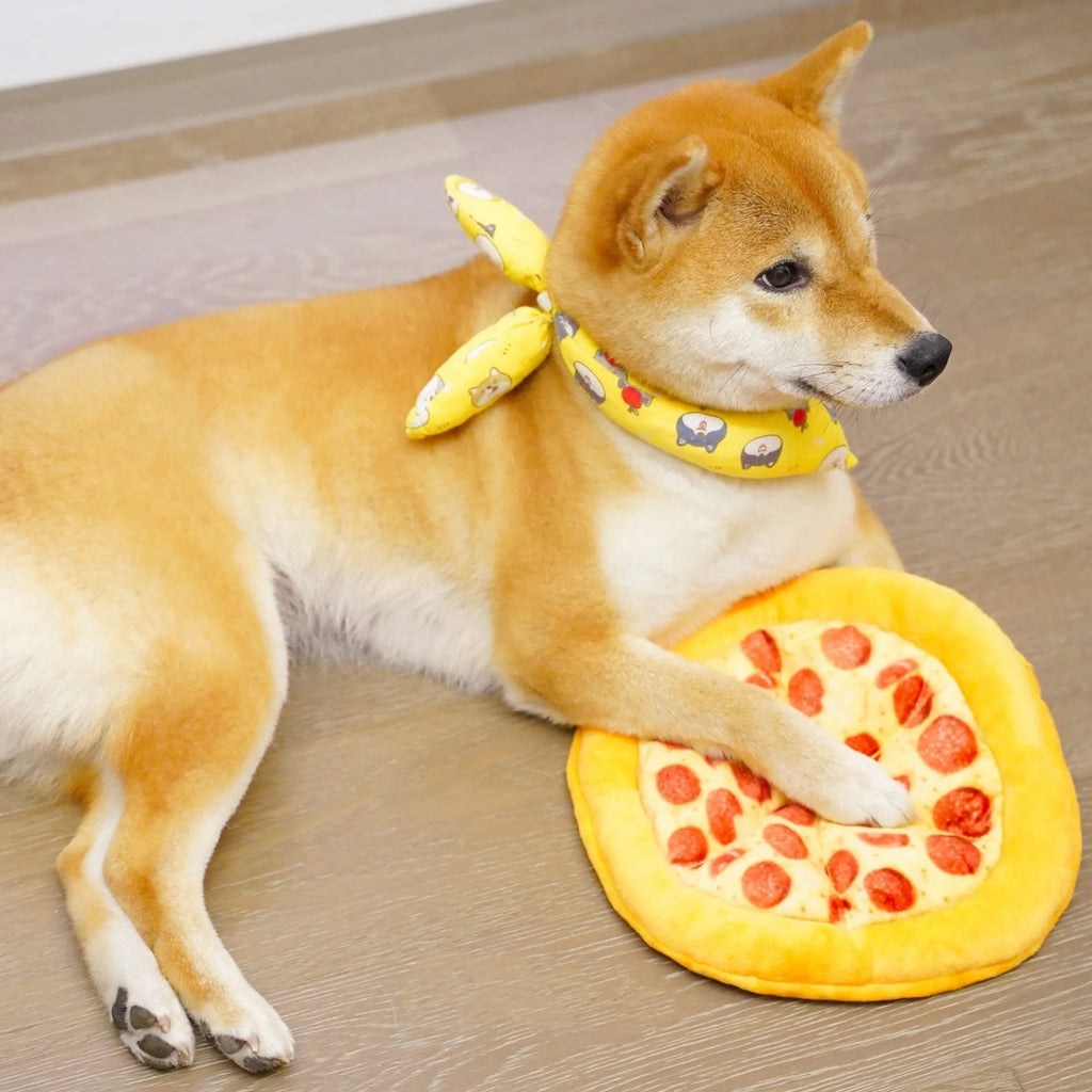 Yellow rubber pizza-shaped dog chew toy with squeaker for interactive play.