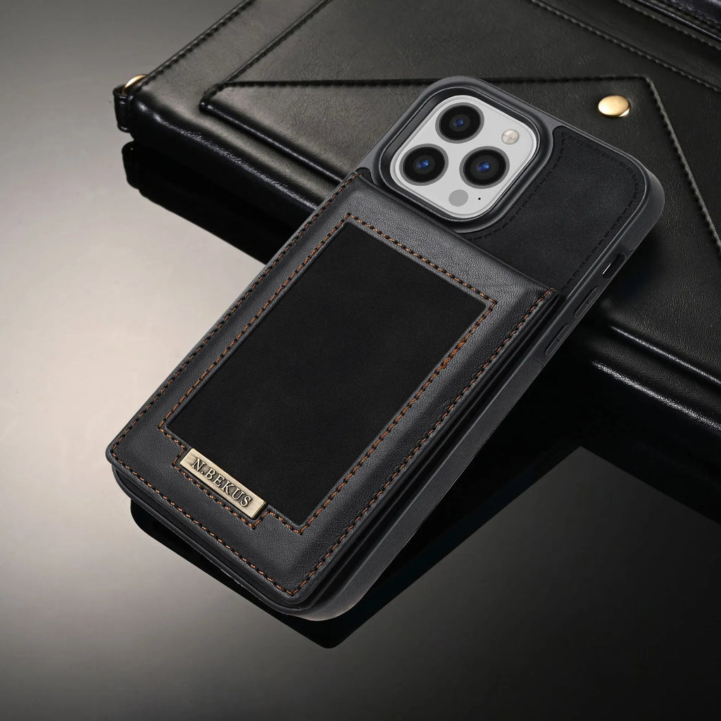 Black card holder phone case with photo frame and magnetic snap for Samsung S23