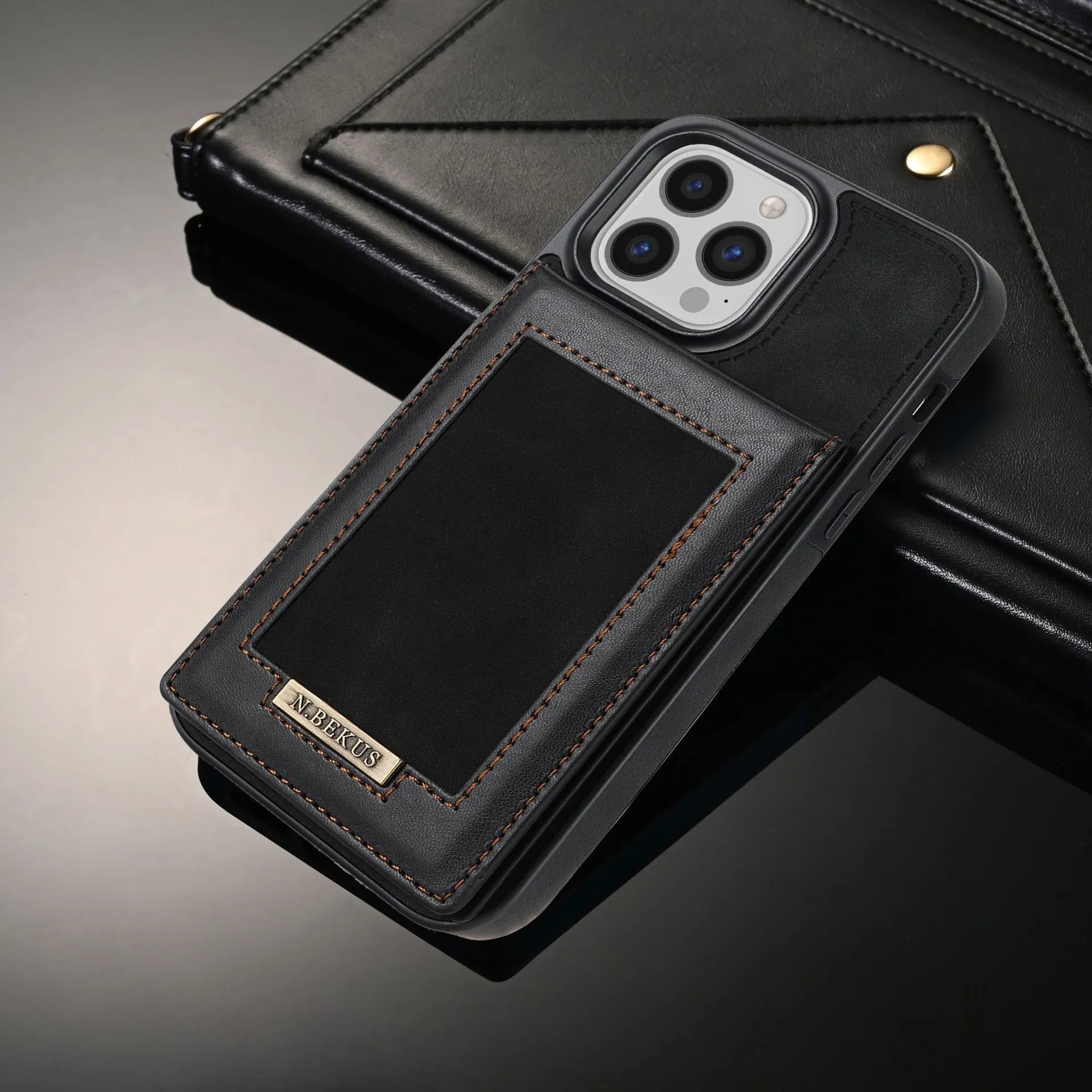 Black card holder phone case with photo frame and magnetic snap for Samsung S23