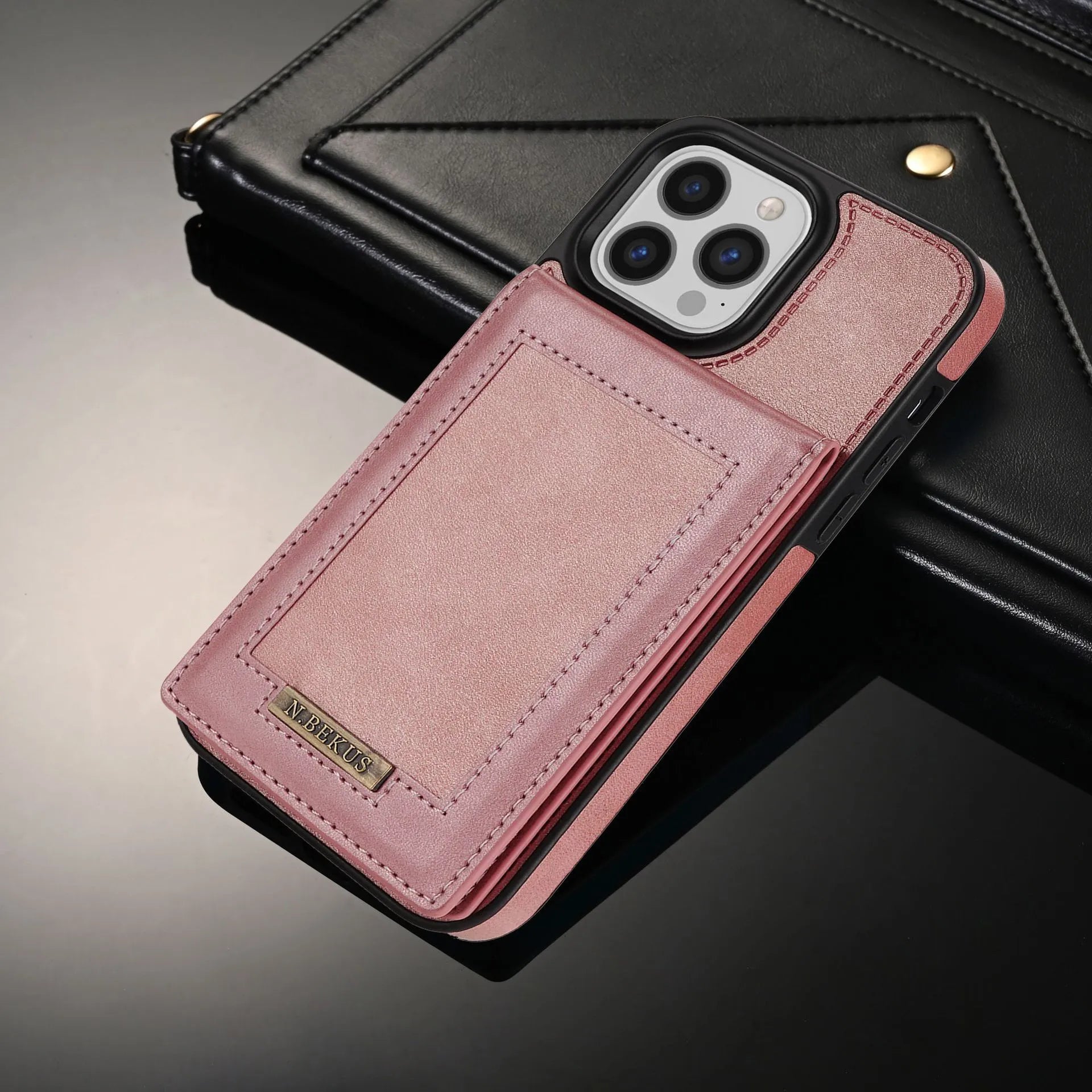 Black card holder phone case with photo frame and magnetic snap for Samsung S23