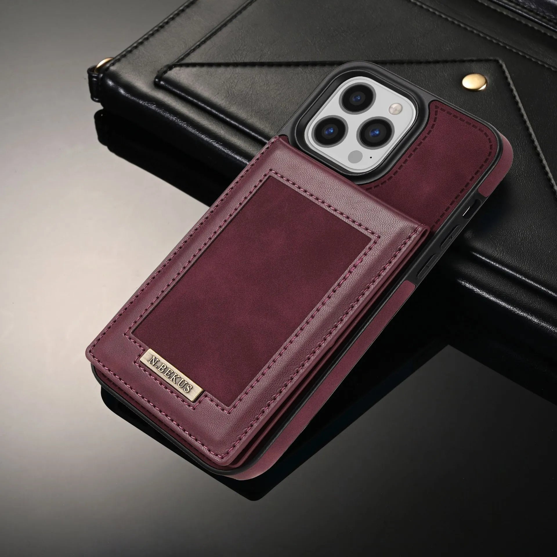 Black card holder phone case with photo frame and magnetic snap for Samsung S23