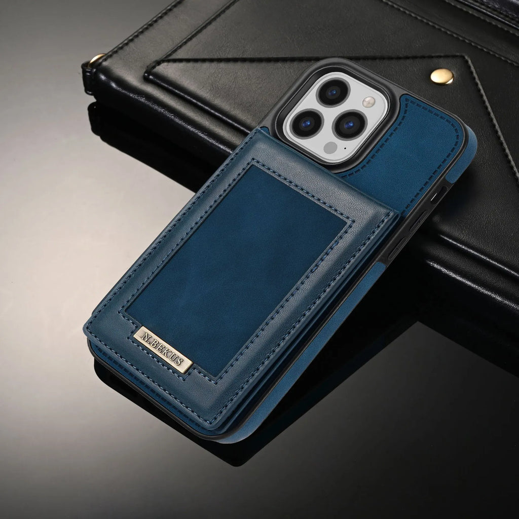 Black card holder phone case with photo frame and magnetic snap for Samsung S23