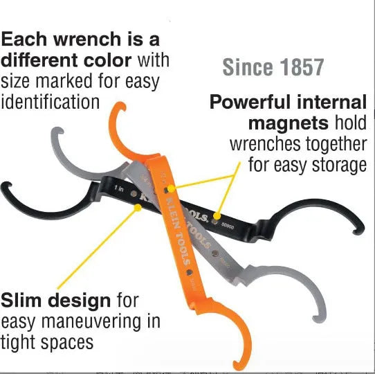 Crescent magnetic suction and catheter locking wrench three-piece set in orange, grey, and black colours
