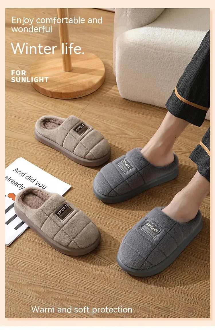 Men's grey and brown plaid rabbit hair slippers with a thick wool lining and EVA sole.