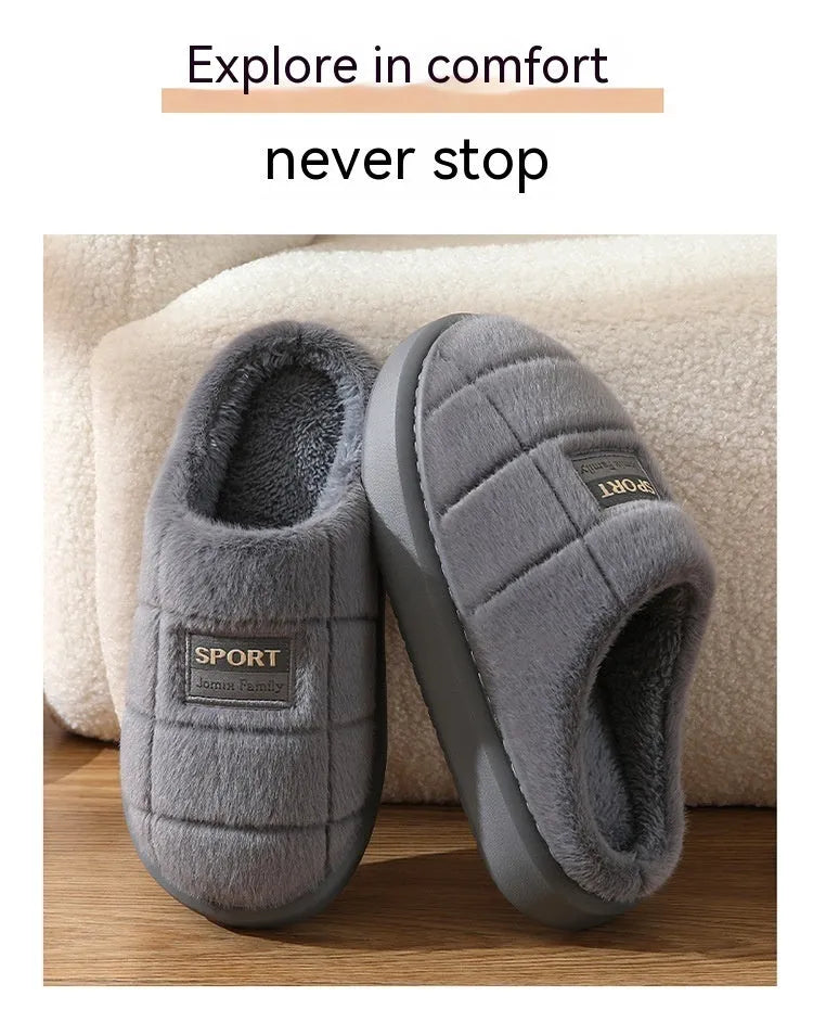 Men's grey and brown plaid rabbit hair slippers with a thick wool lining and EVA sole.