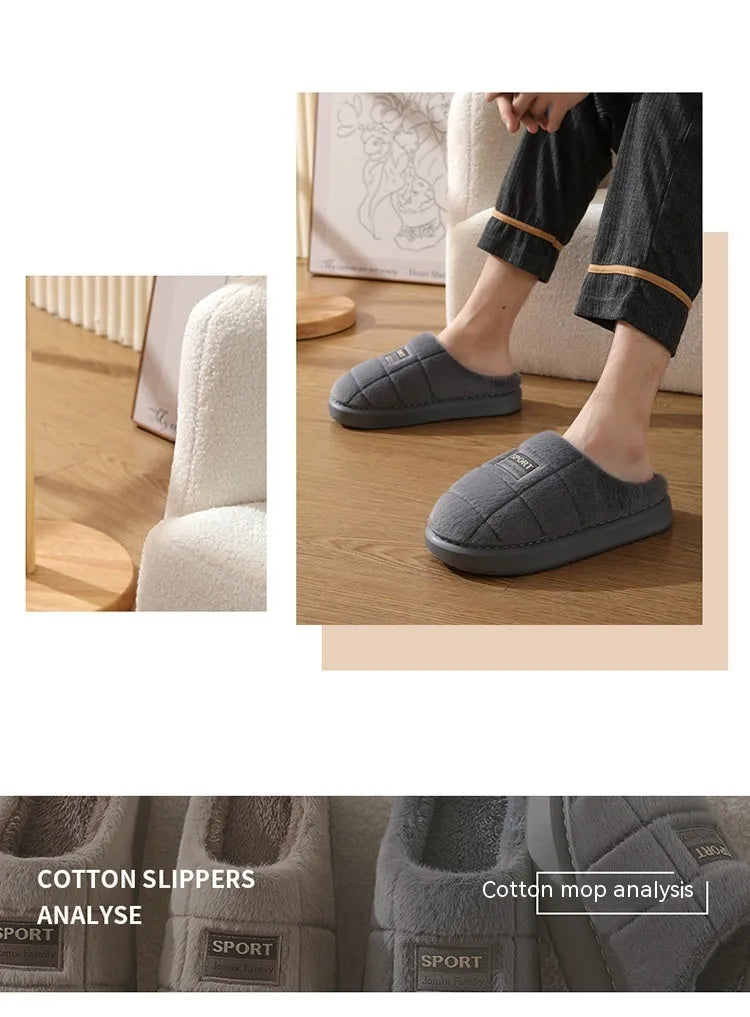 Men's grey and brown plaid rabbit hair slippers with a thick wool lining and EVA sole.