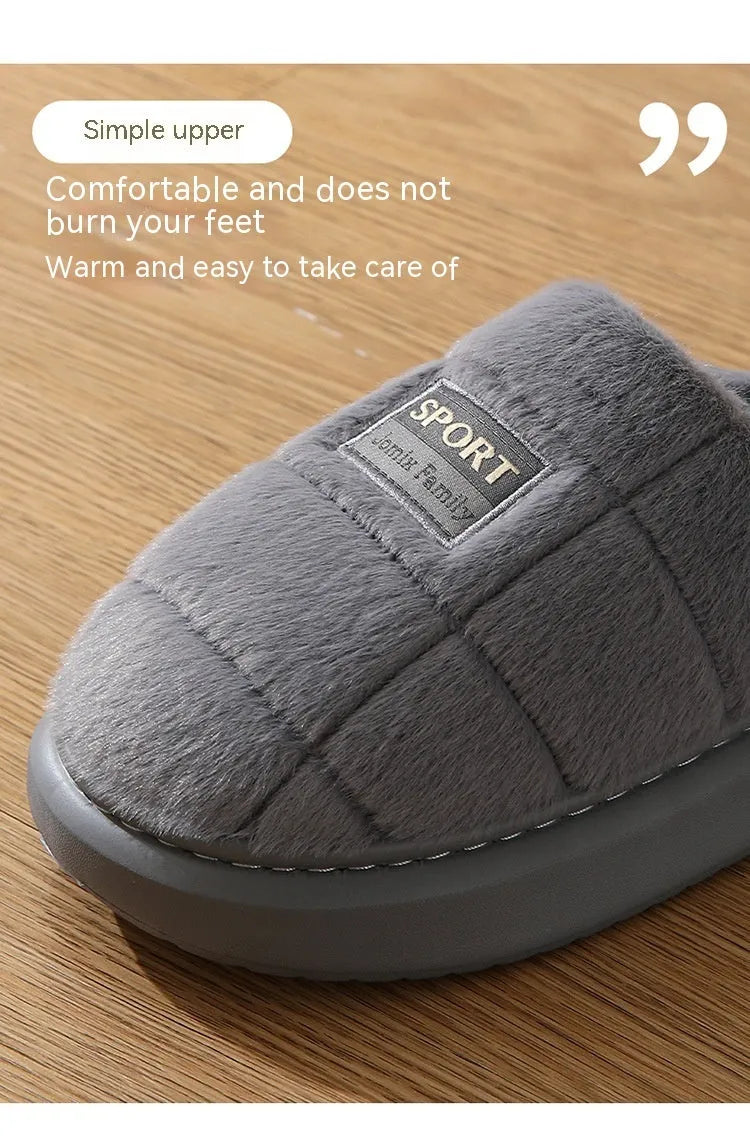Men's grey and brown plaid rabbit hair slippers with a thick wool lining and EVA sole.