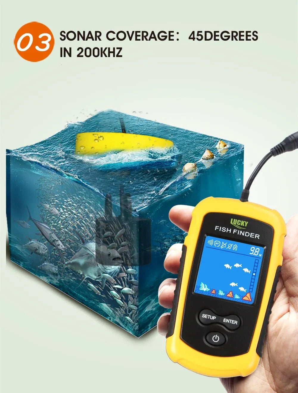 Yellow wired fish finder with 200KHZ sonar, 73m depth range, multi-language display