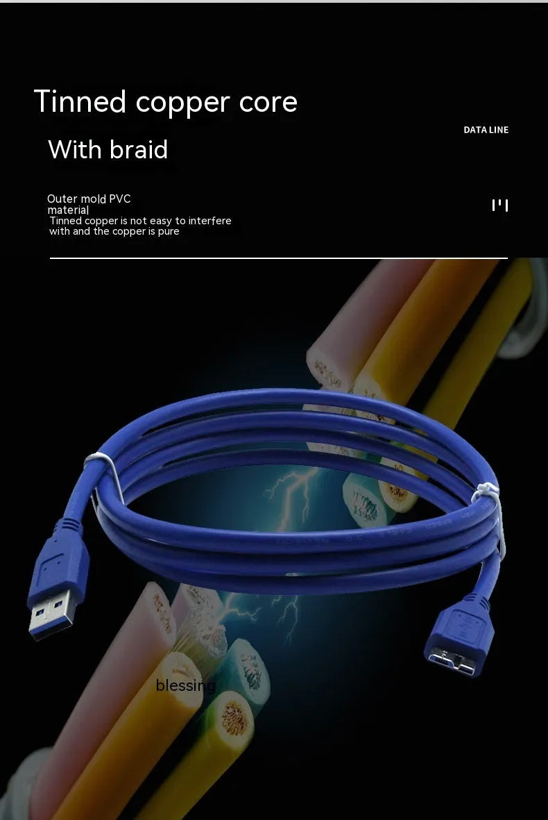 USB 3.0 data cable in blue and black with various length options for mobile hard disk connection
