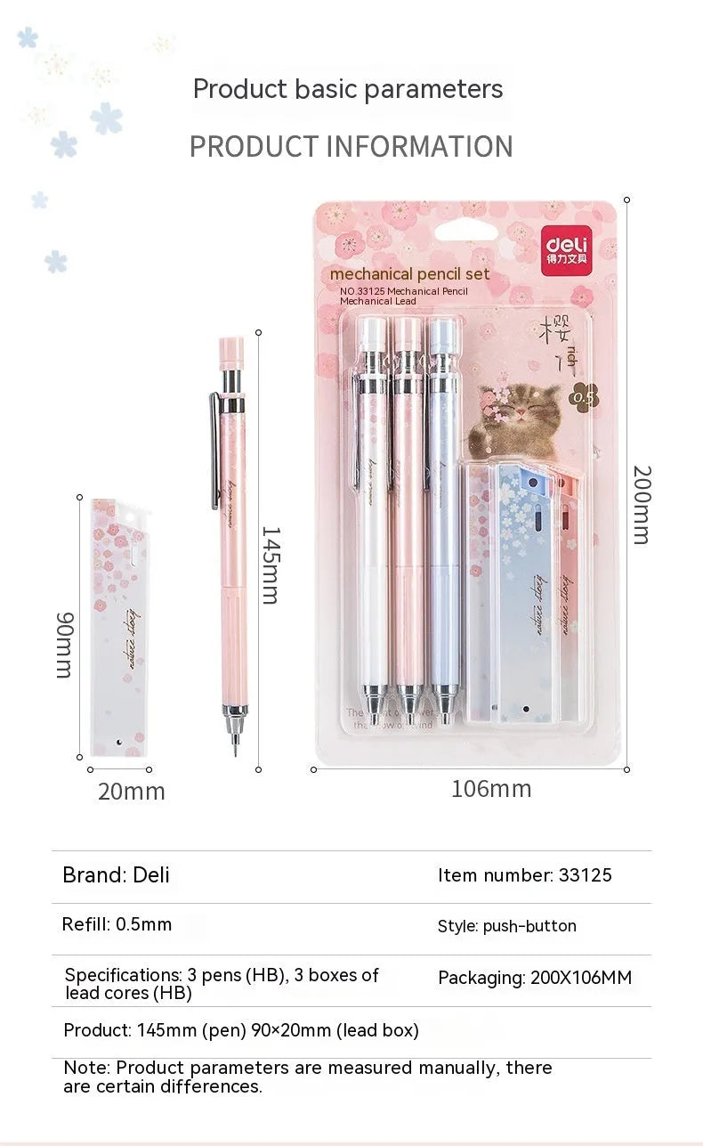 0.5mm cartoon automatic pencil set with three HB pencils and refill boxes in mixed colours