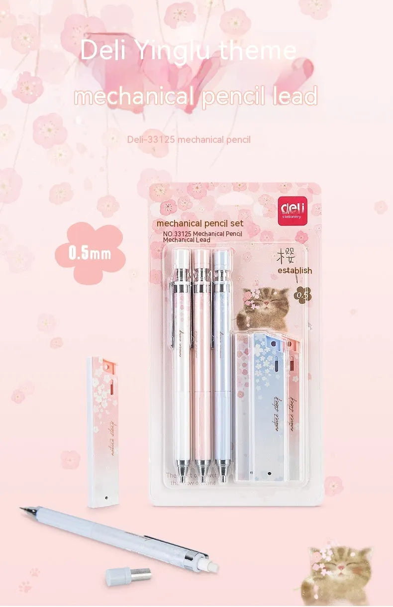 0.5mm cartoon automatic pencil set with three HB pencils and refill boxes in mixed colours