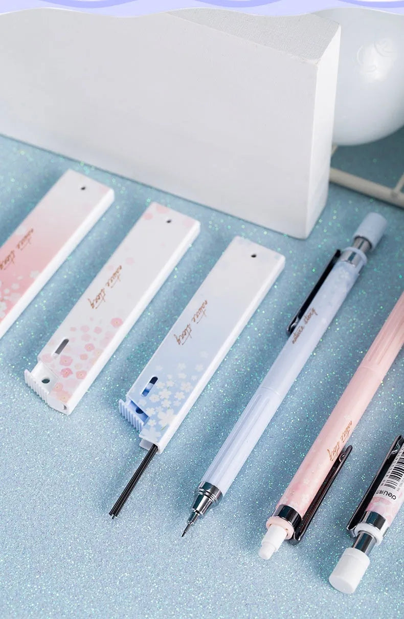 0.5mm cartoon automatic pencil set with three HB pencils and refill boxes in mixed colours